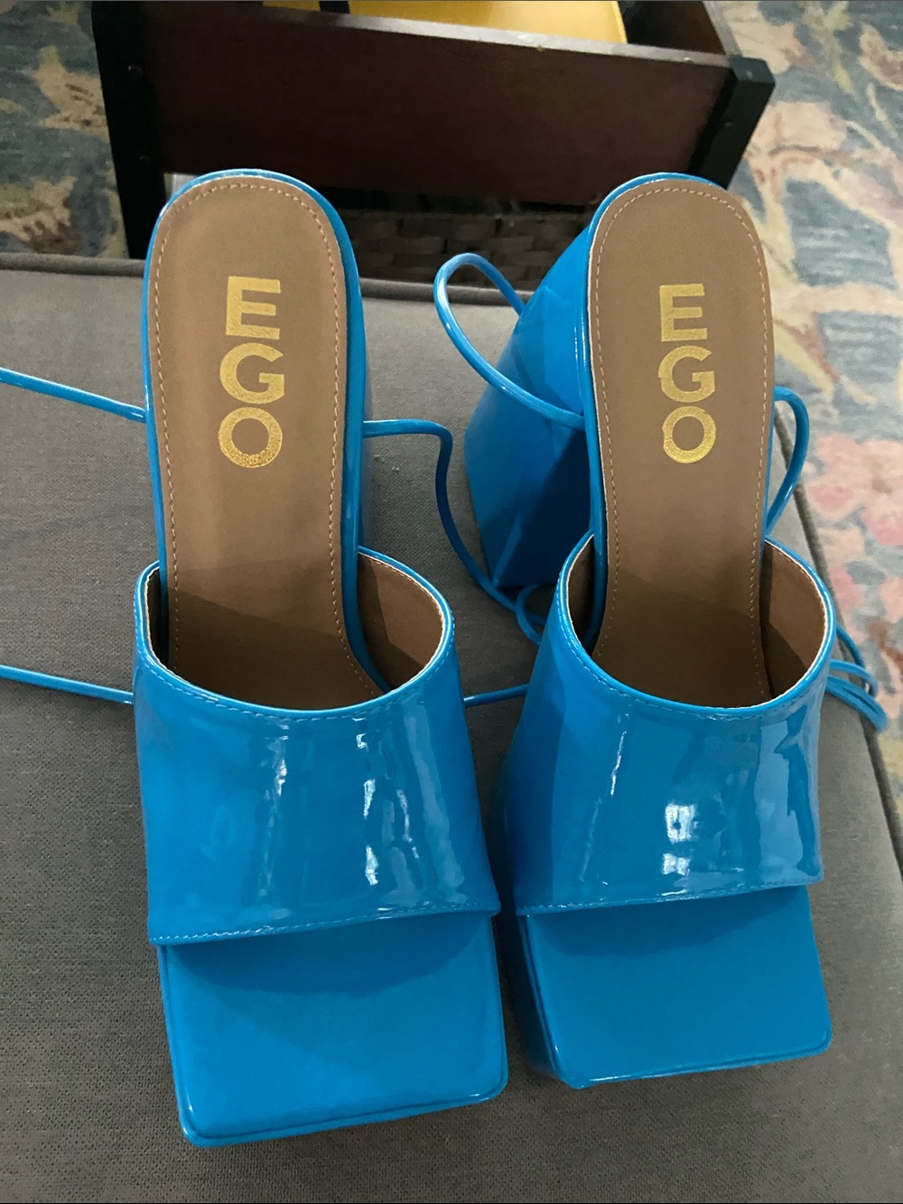 EGO Bright Blue Patent Square-Toe Lace-Up Block Heels